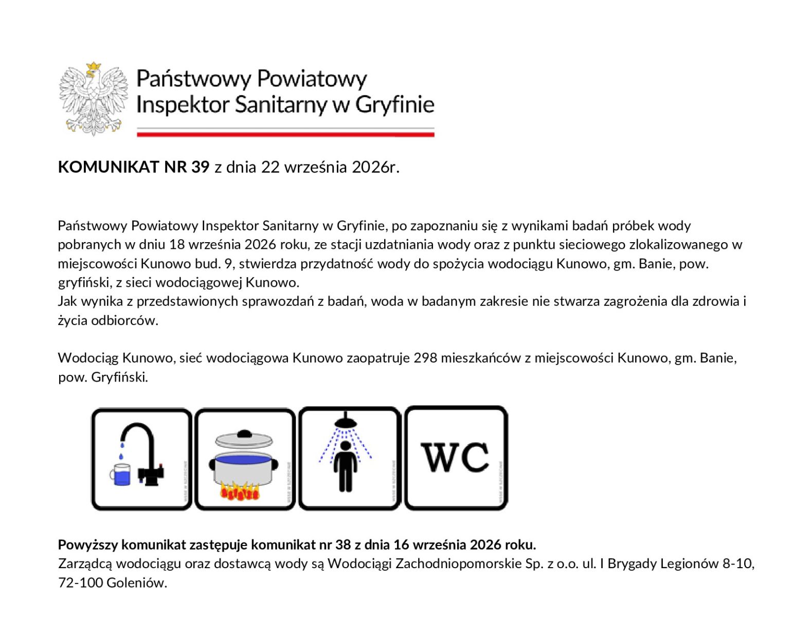 Zdjęcie: Woda z wodociągu w m. Kunowo zdatna do spożycia.